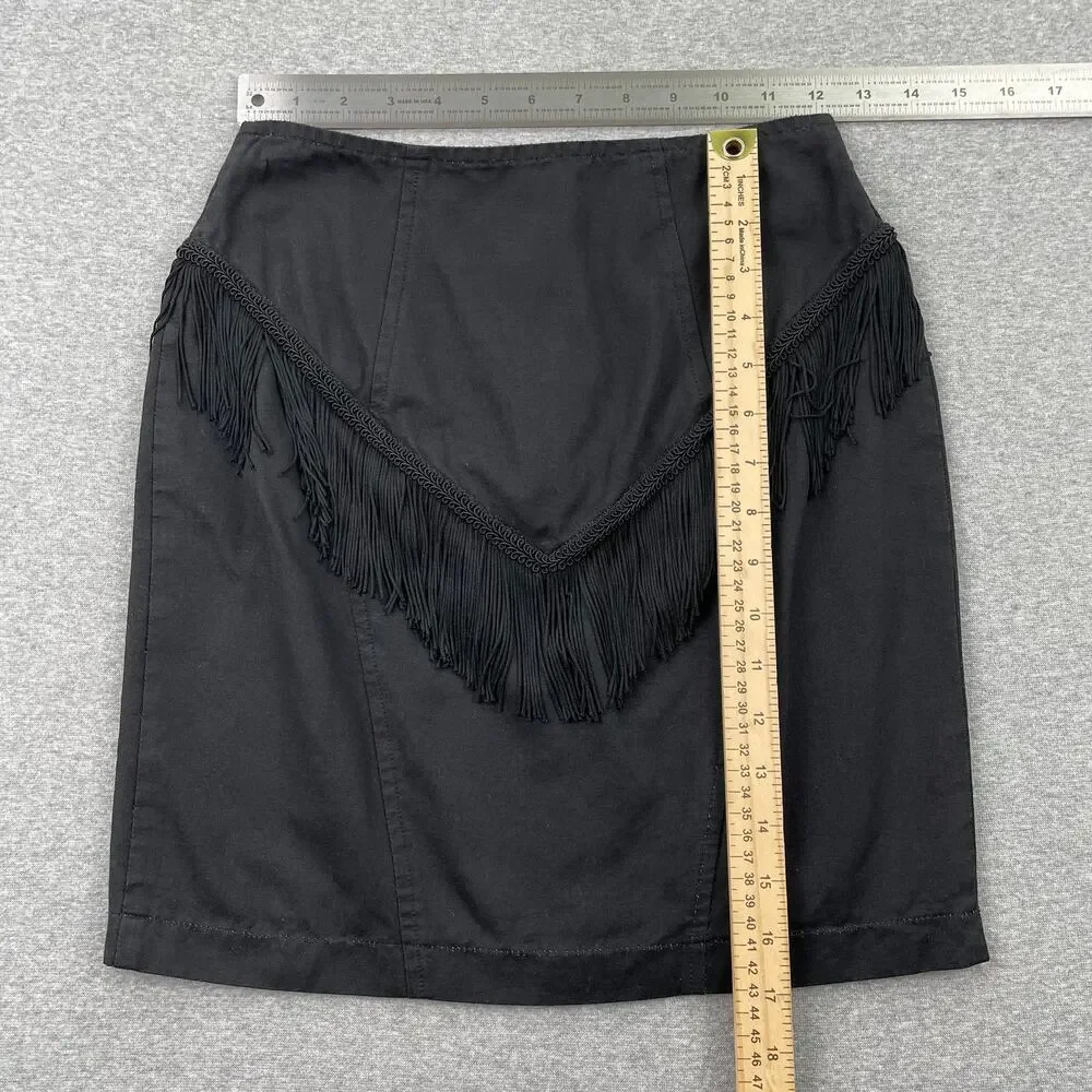 Vintage Y2K Black Fringe Mini Skirt Size 7 Western Boho Cowgirl Party High Waist